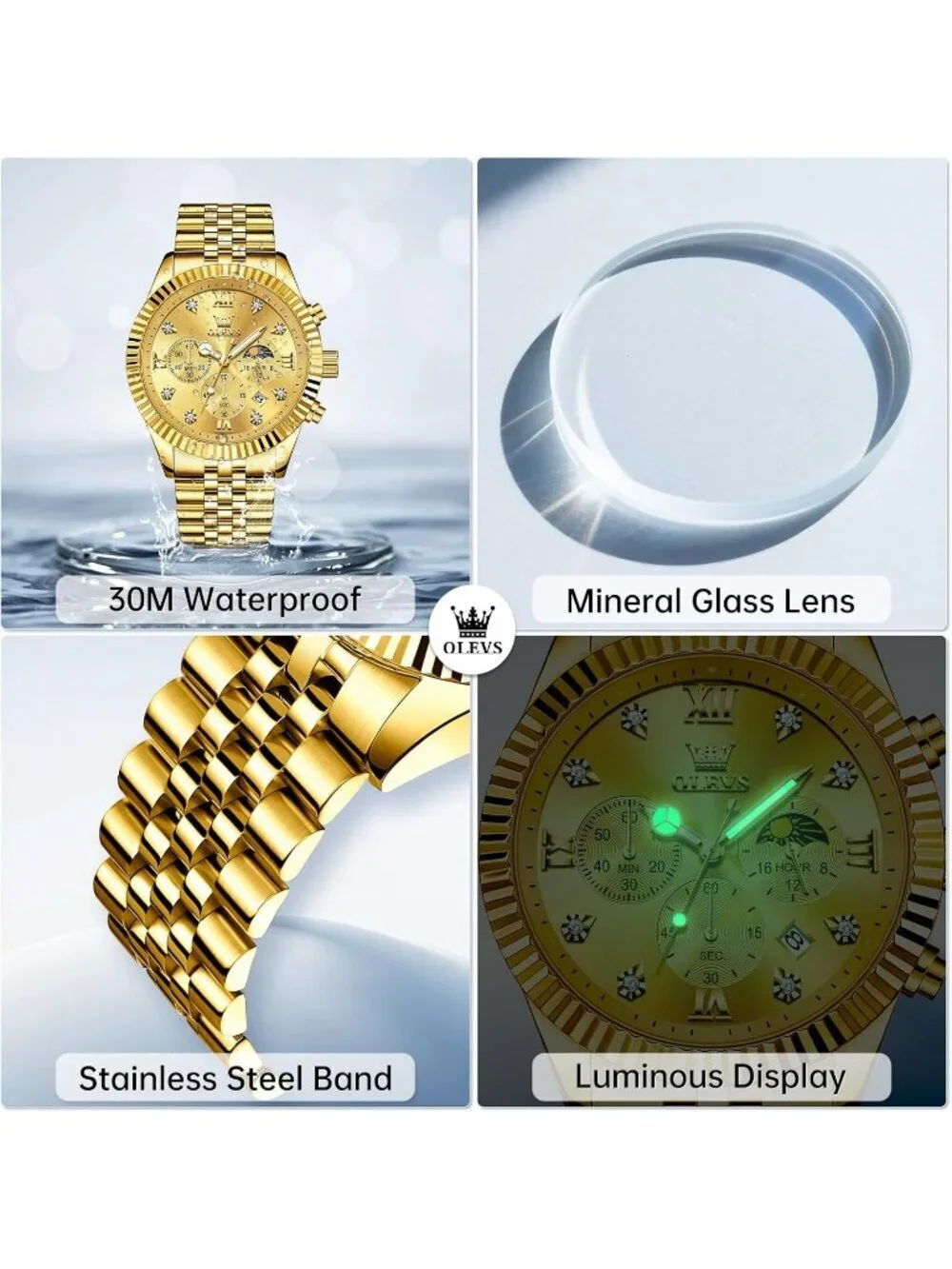Men's Gold Stainless Steel Band Waterproof Roman Numbers Diamond Classic Watch
